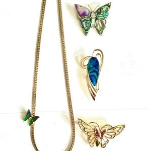 Vintage Butterfly Gold Jewelry Bundle Lot Avon Ariki Paua Abalone Alpaca Mexico